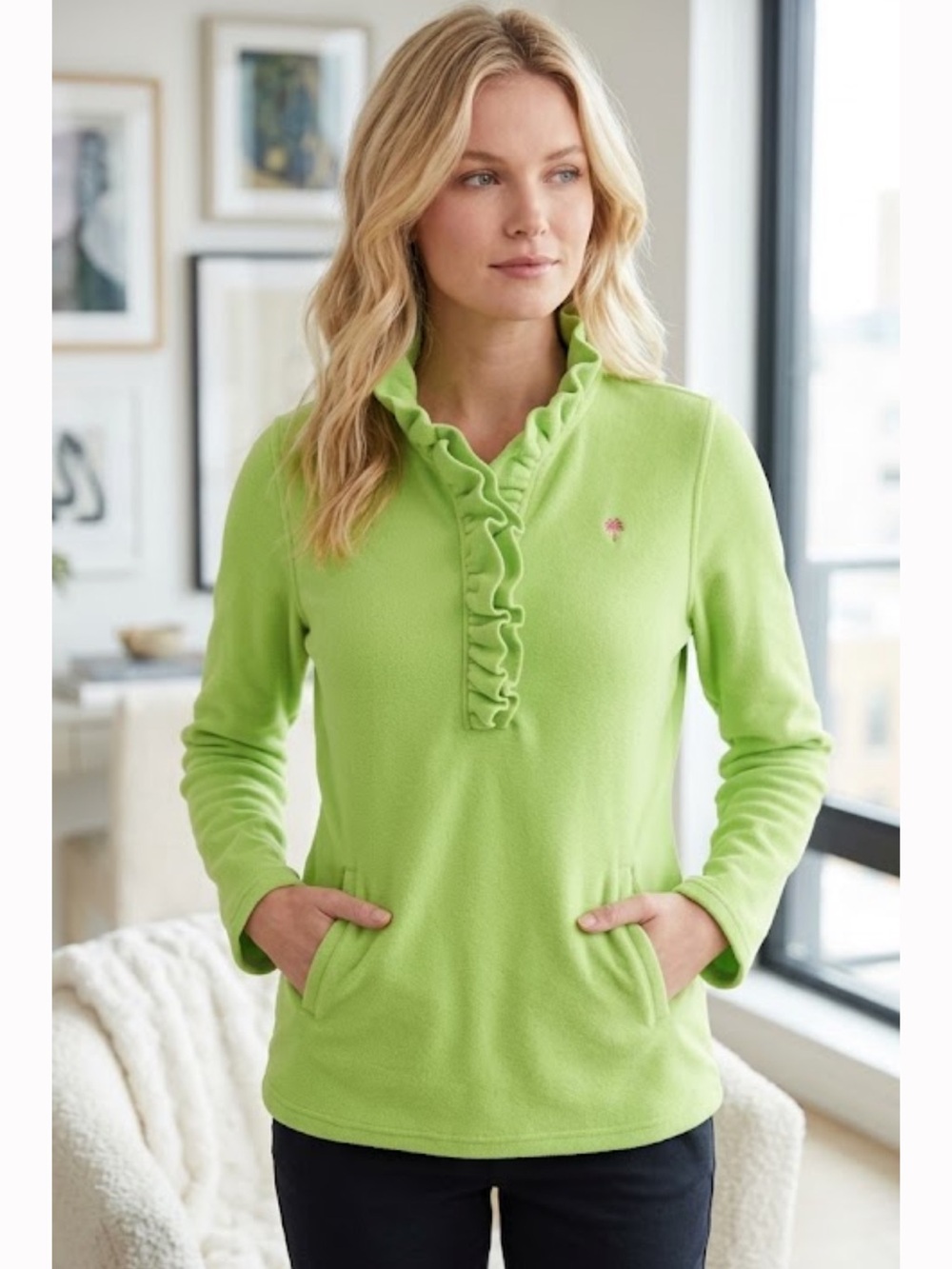 Lilly Pulitzer Lime Green Ruffle-Neck Pullover